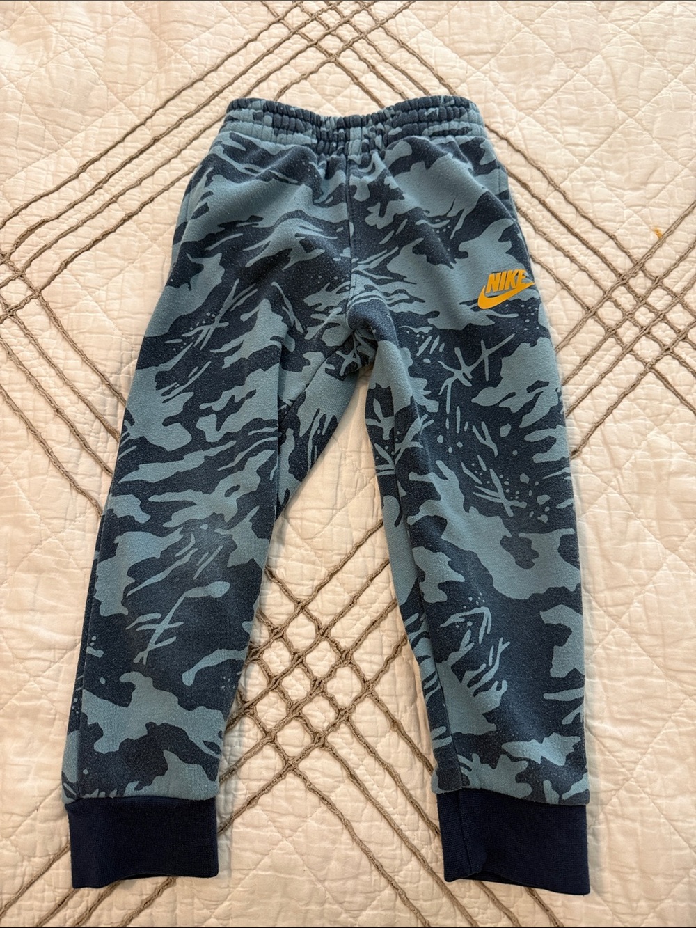 Nike Blue Camouflage Joggers with Yellow Logo